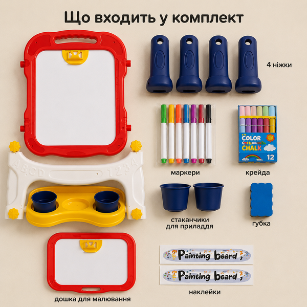 Мольберт дитячий на ніжках двосторонній / Підлога для малювання / Набір для творчості 109144 фото